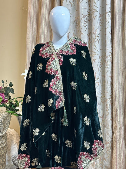 ELEGANT RED PINK FLOWER EMBROIDERY VELVET SHAWL