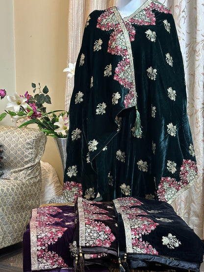 ELEGANT RED PINK FLOWER EMBROIDERY VELVET SHAWL