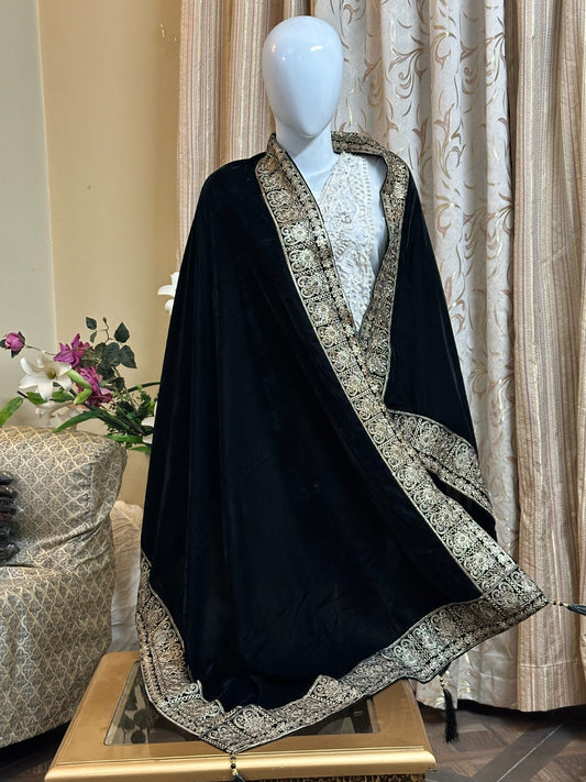 TAJ FOUR BORDER EMBROIDERY VELVET SHAWL
