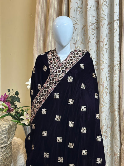 ROYAL FLOWER EMBROIDERY WITH SEQUENCE, CUT DANA PEARLS HANDWORK VELVET SHWAL