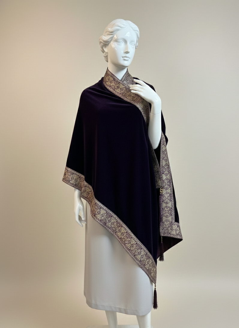 Velvet Arabesque Pattern four border embroidery Shawl