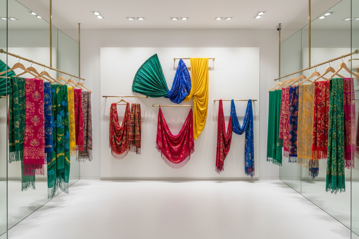 vreate more in an bright colour in which the different type of shawls hanging in a different ways looking professionally 