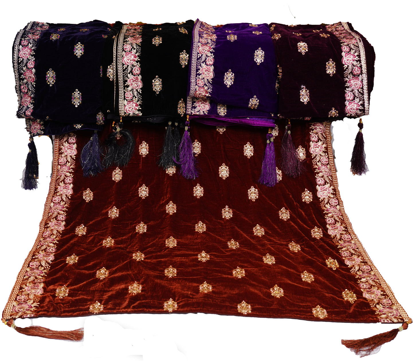 ROYAL FLOWER EMBROIDERY WITH SEQUENCE, CUT DANA PEARLS HANDWORK VELVET SHWAL